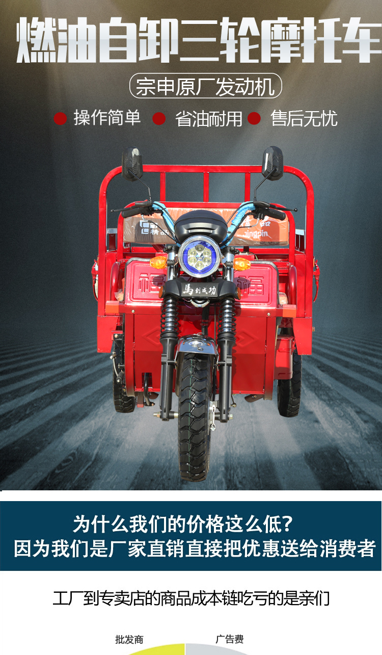 燃油家用农用助力自卸载重王正汽油三轮车宗申150水冷1116米不带自卸