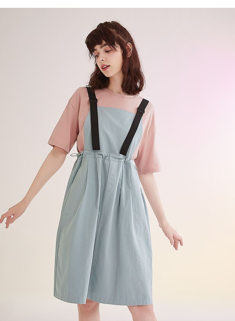 三福2021夏季女简约可调节背带裙时尚宽松裙摆裙子女442460 黑色 160