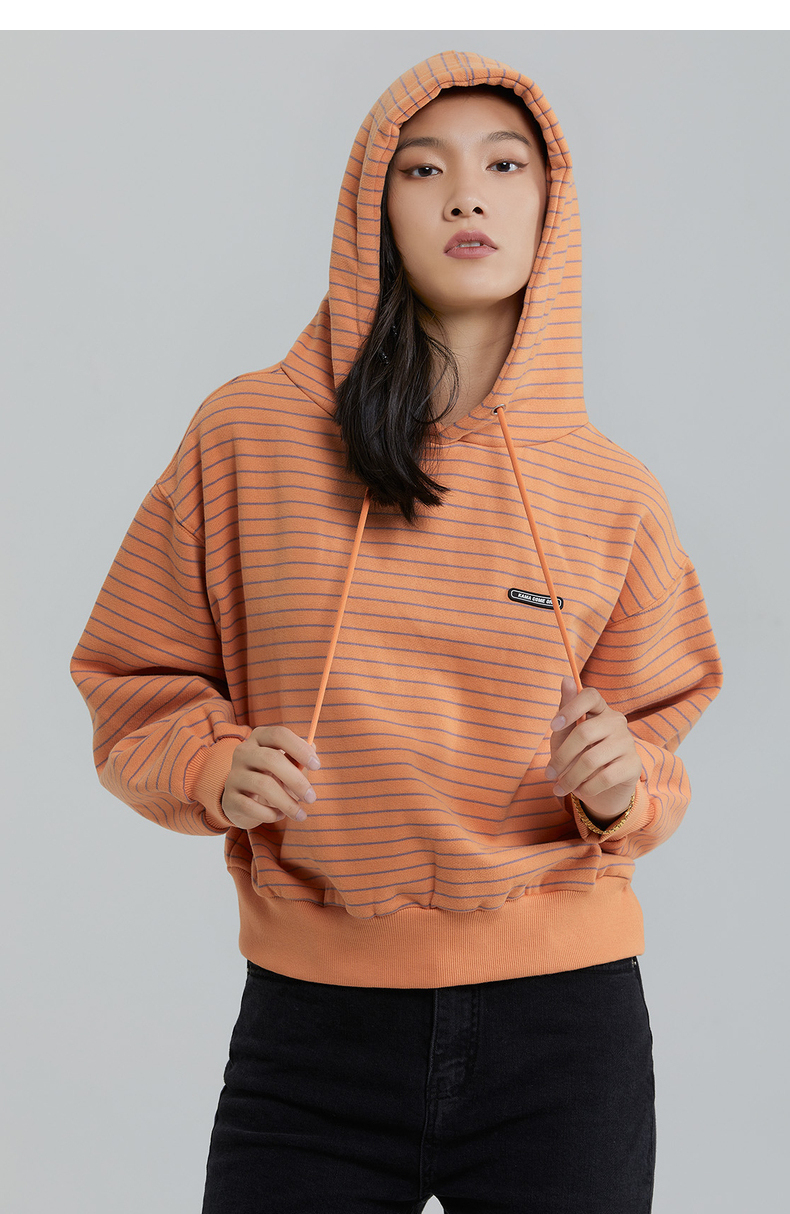 kama卡玛21年冬季新款街潮个性时尚条纹帽衫圆领连帽卫衣8420670 橙色