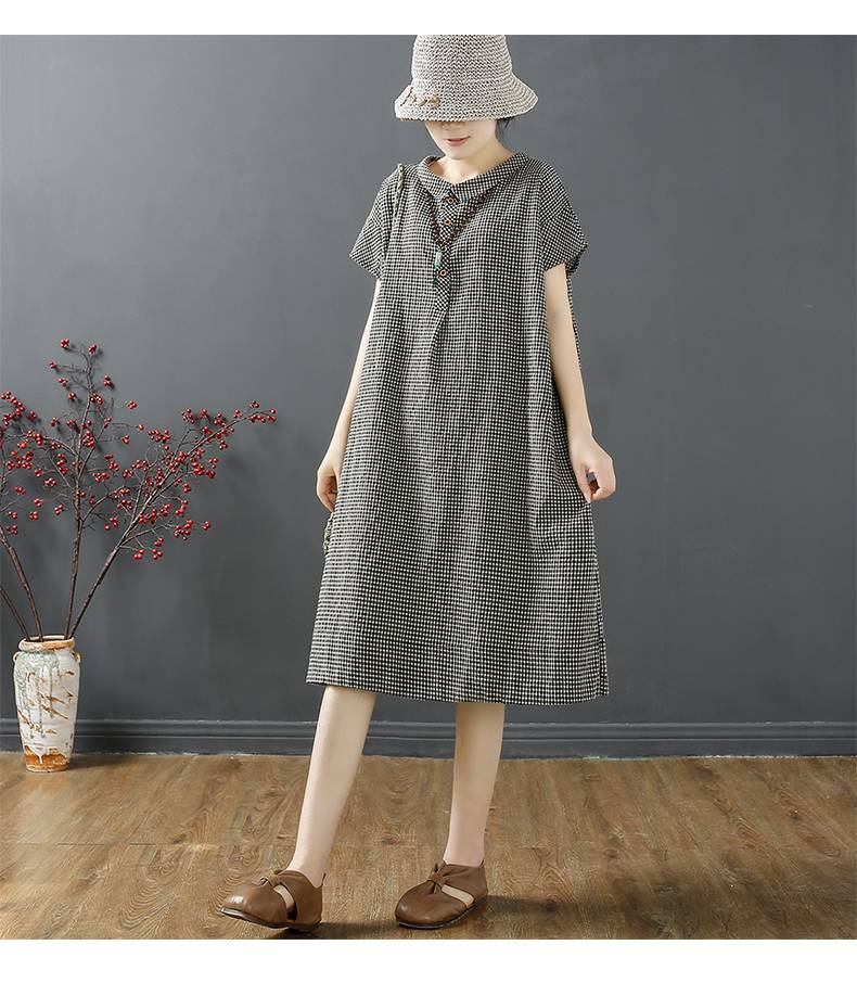 圣茵黛文艺范复古格子棉麻连衣裙女夏季新款宽松遮肚亚麻中长款衬衫