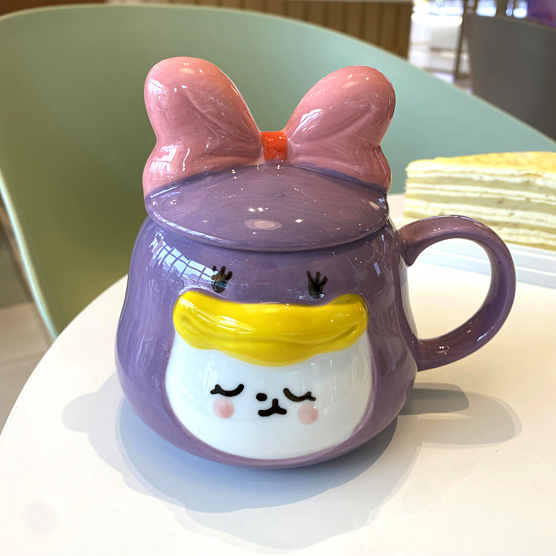 ins韩式可爱卡通早餐创意水杯少女心学生陶瓷杯带盖勺家用马克杯trda