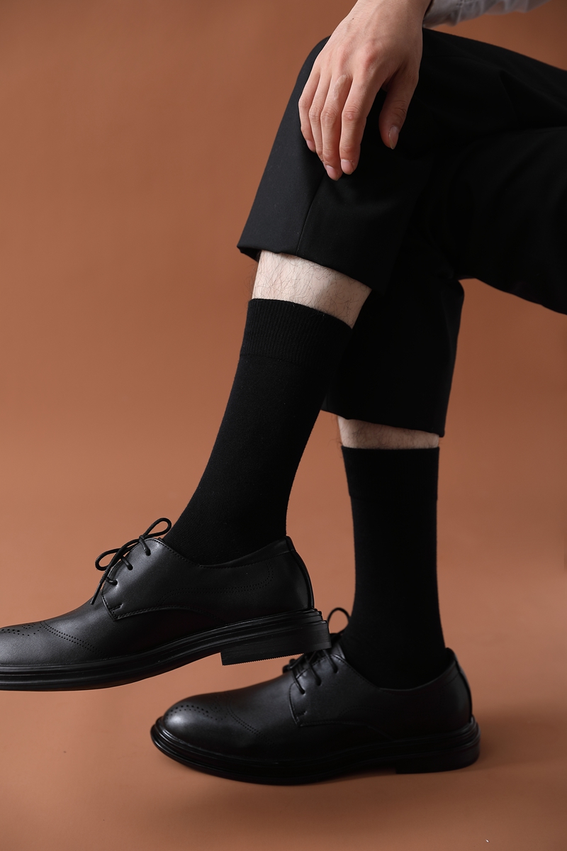 【高档正装袜】浪莎新品秋冬5双中长筒商务袜子男纯色棉黑白色配皮鞋