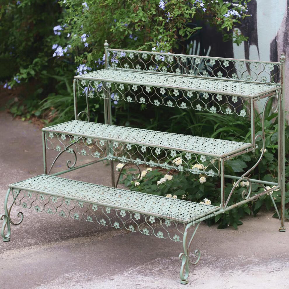 铁艺户外花园布置落地式多肉花盆架新款多层阳台置物架复古绿色镂空大