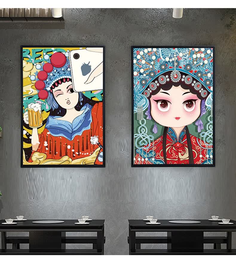 空位火锅店国潮装饰画脸谱国粹京剧花旦壁画中式餐厅川菜馆墙面挂画d