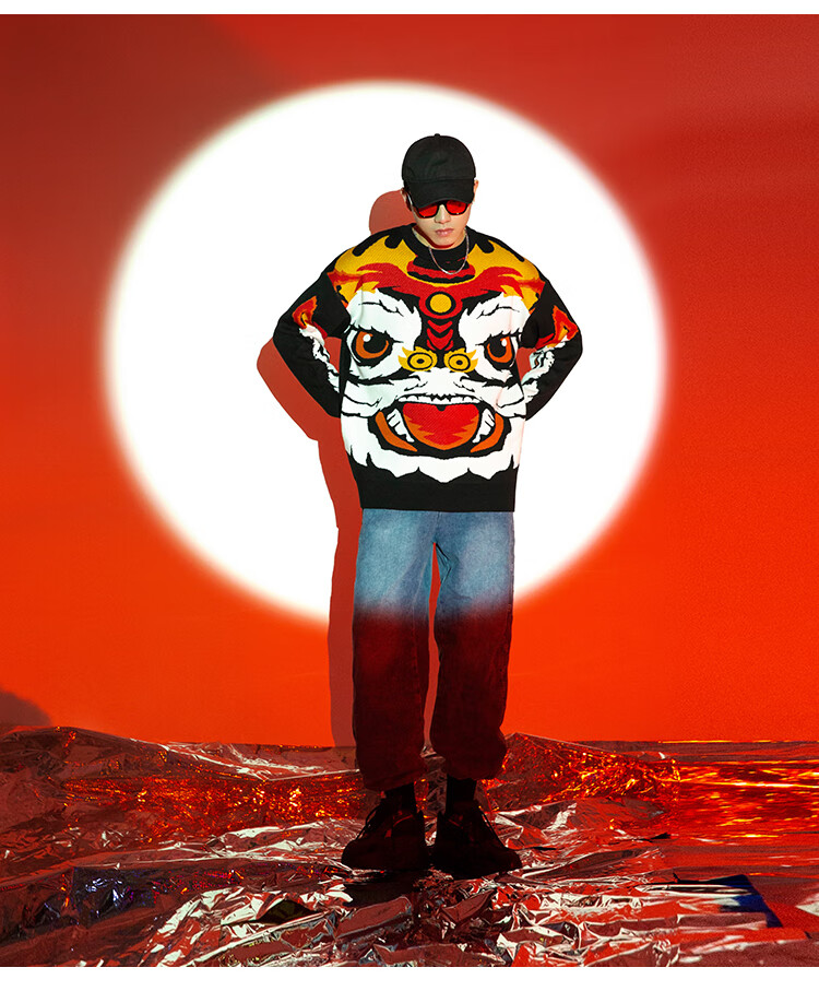 天龙致尊denonsupreme针织衫男女潮牌国潮醒狮印花oversize宽松大码