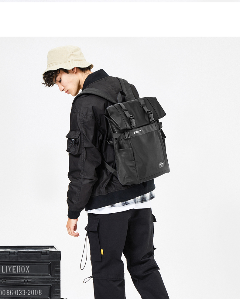 livebox工装书包男潮牌大容量黑色双肩包机能风潮流电脑包背包酷黑色