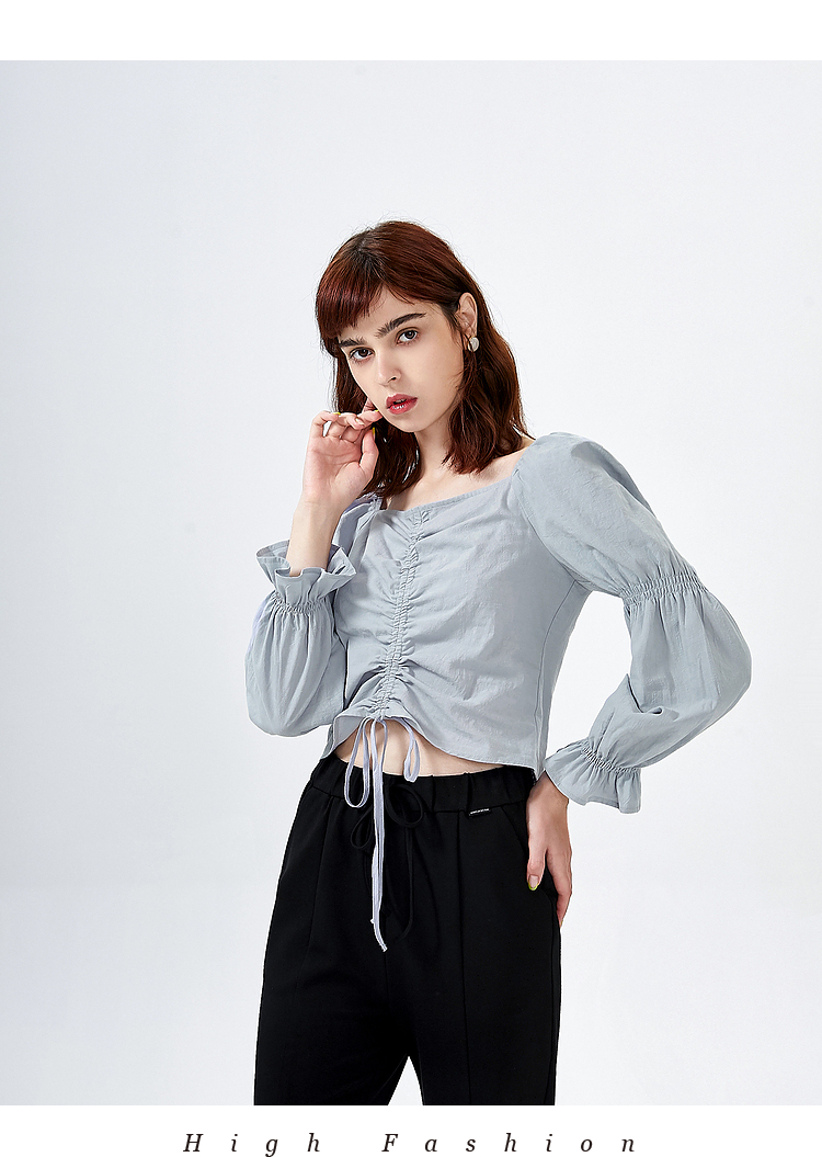 三福2021秋季女轻熟格纹藕节袖衬衫方领上衣女445285 米白 160/84a/s