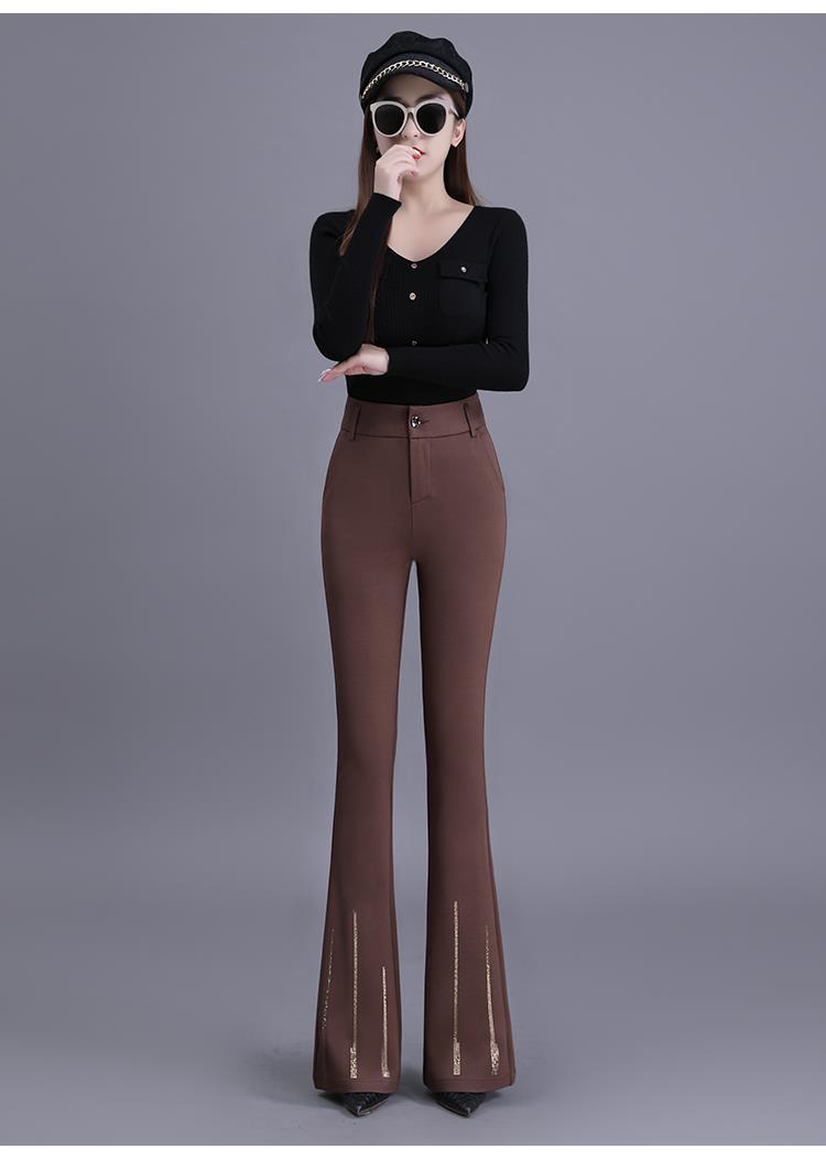 阿亨小个子垂感职业通勤裤喇叭裤女2021秋冬新款高腰显瘦长裤镶钻咖啡