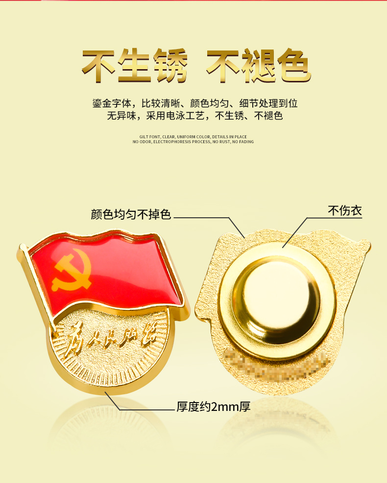 小郎人 党徽标准型胸针加厚强力磁铁党员胸章徽章为人民服务蝴蝶扣