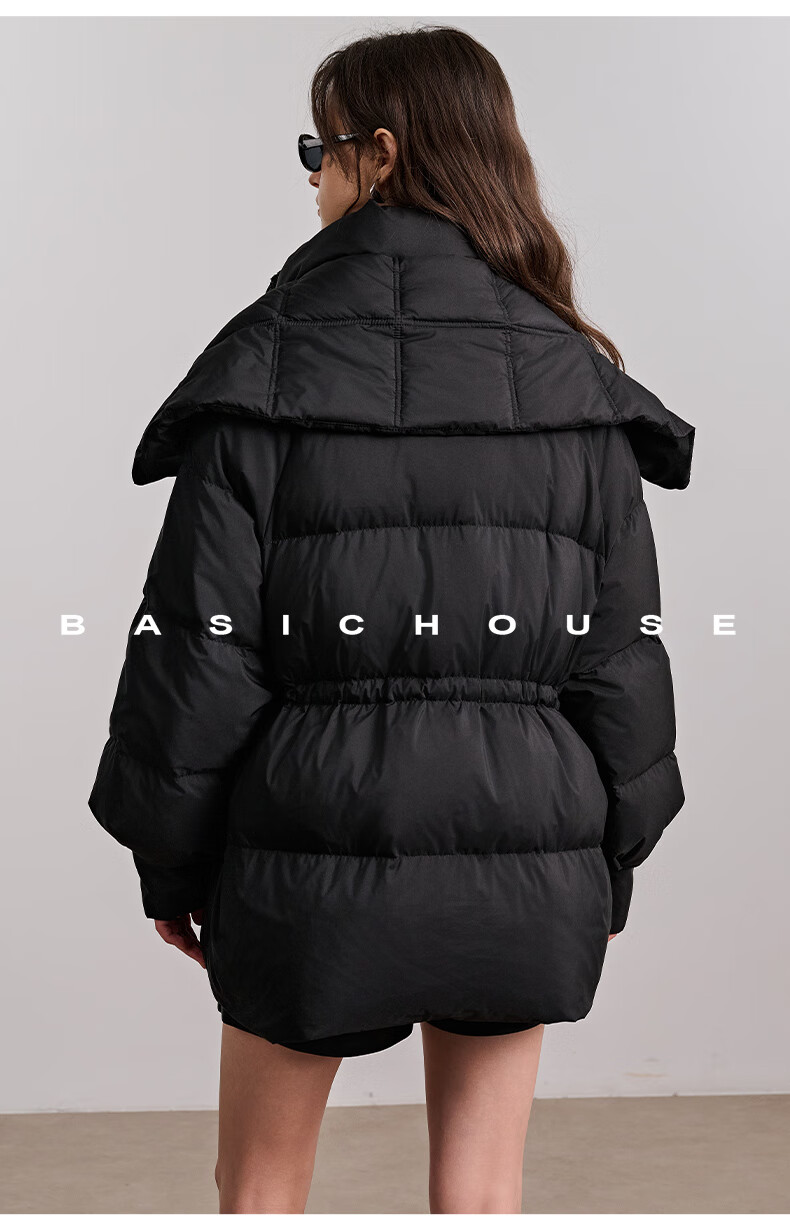 BASIC HOUSE/百家好工装风冬季2024鸭绒保暖灰绿色抽绳收腰羽绒服女2024冬季鸭绒保暖外套 灰绿色 M详情图片16