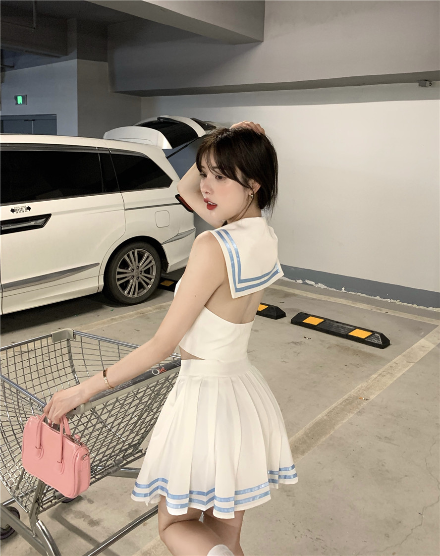 商场同款lrtl轻奢性感露背海军领衬衣jk制服套装女夏季学院风高腰百褶
