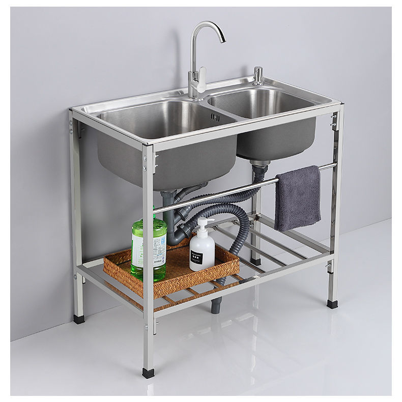 厨房不锈钢简易水槽双槽加厚家用水池洗碗槽洗菜盆单洗手盆带支架202
