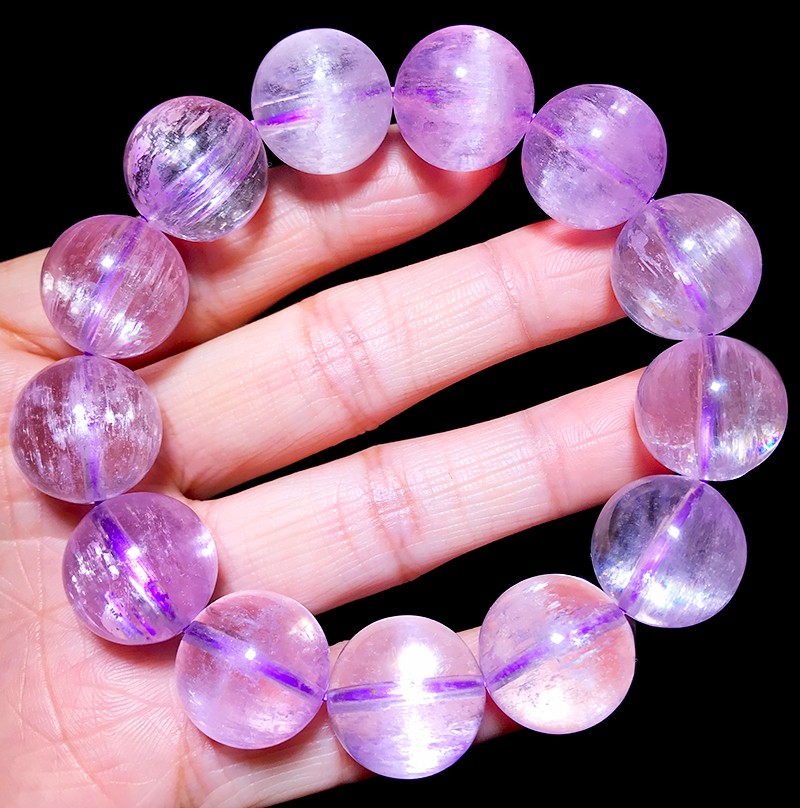 顶盈 天然紫锂辉石手链 女冰种透体淡紫色猫眼水晶单珠手串 配多宝散