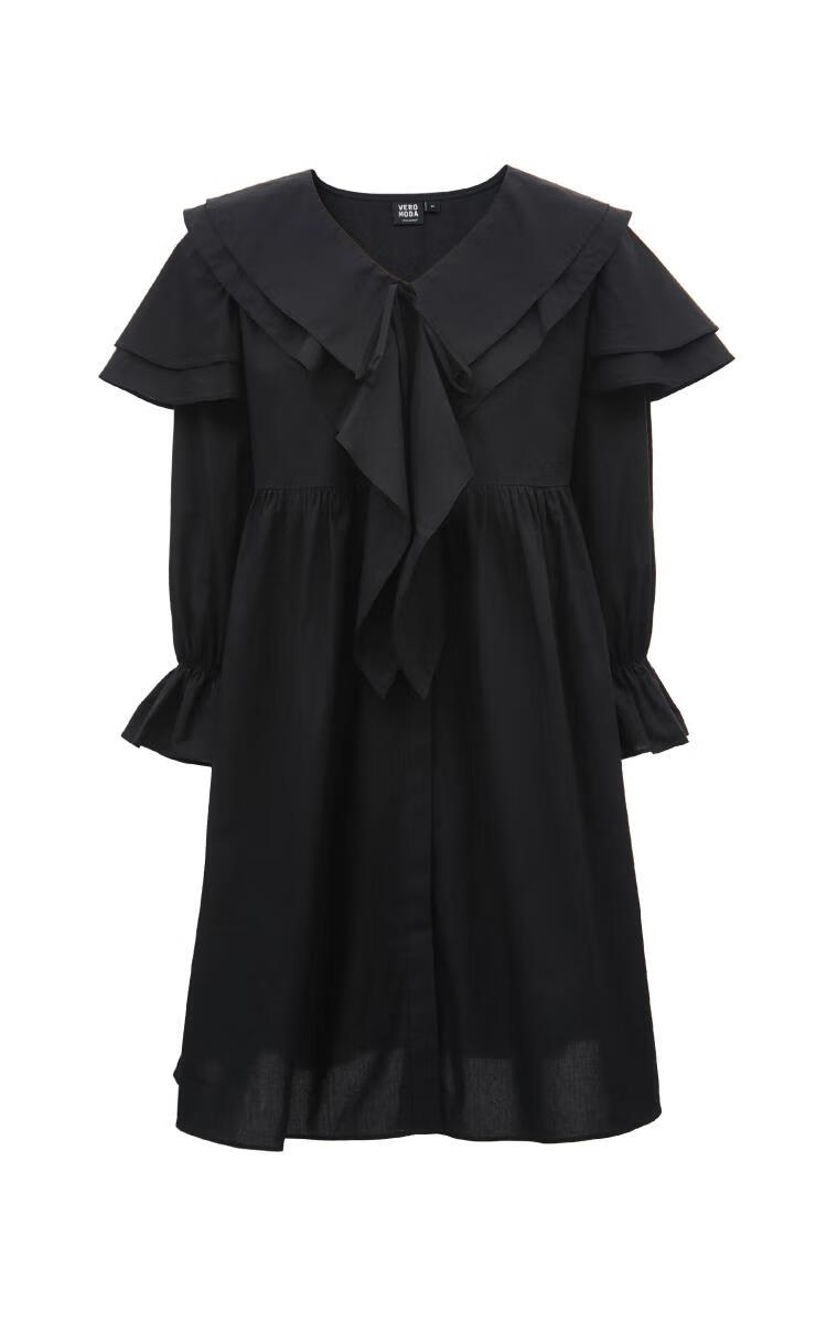 vero moda2021秋季新款优雅荷叶领公主袖a摆连衣裙3213sz014 黑/black