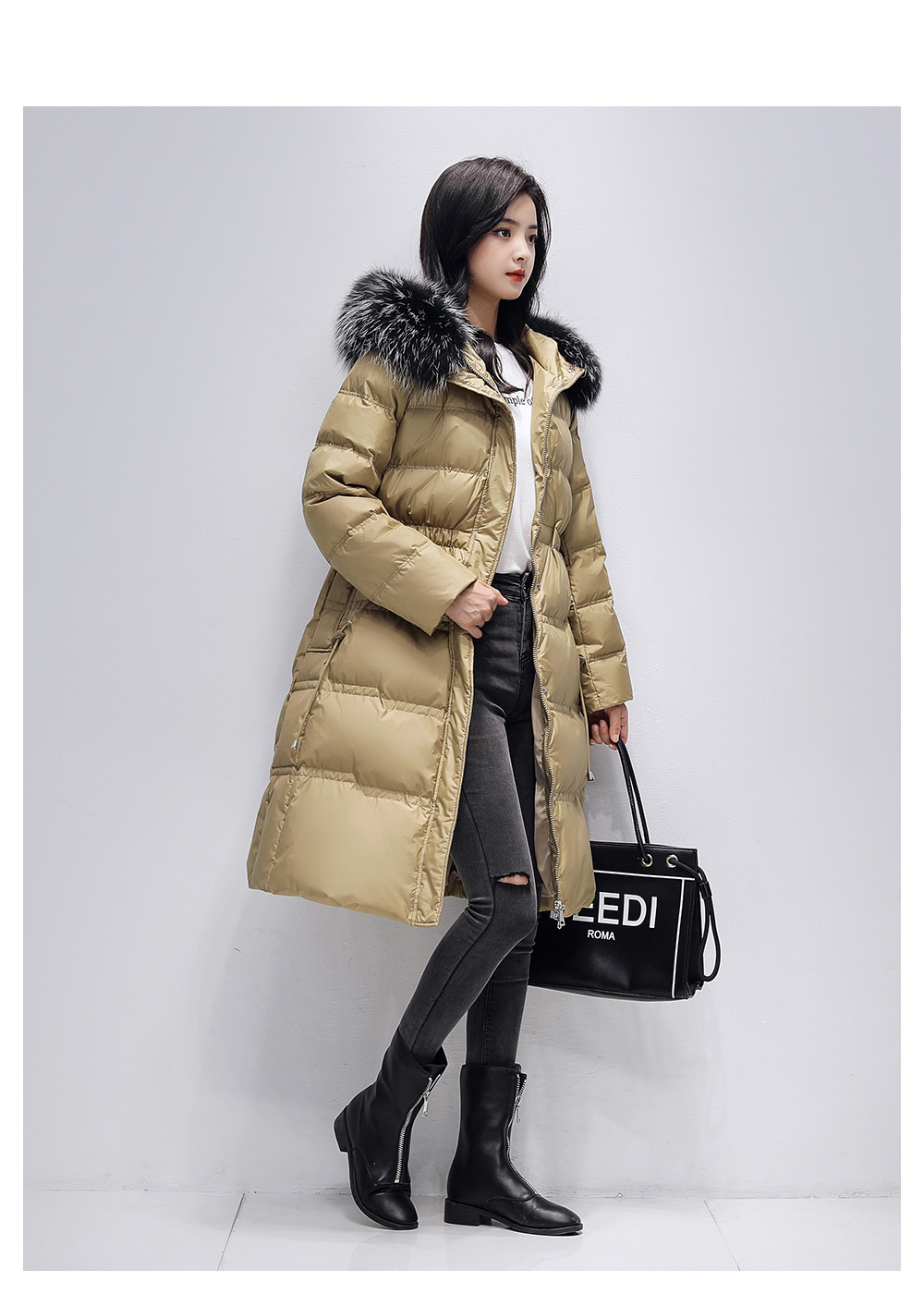 雅鹿羽绒服女中长款过膝2021年新款时尚工装外套冬装加厚xb黑色l