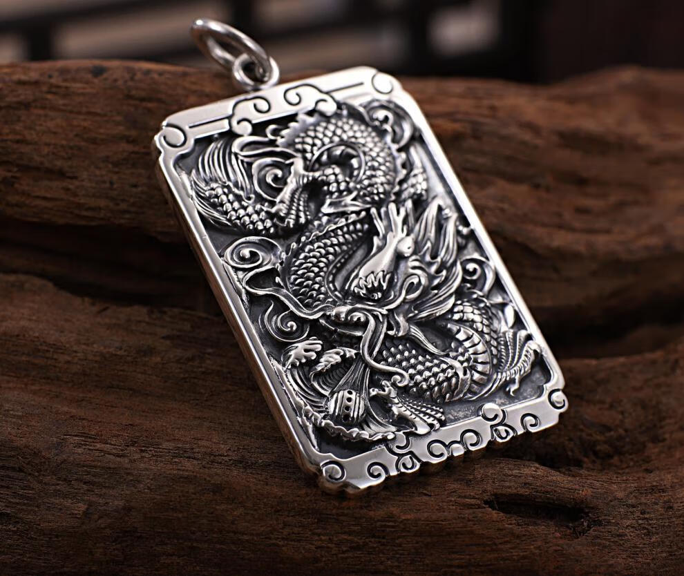 赛魅人99足银龙牌吊坠男士个性霸气中国龙复古吊牌足银龙牌项坠七夕