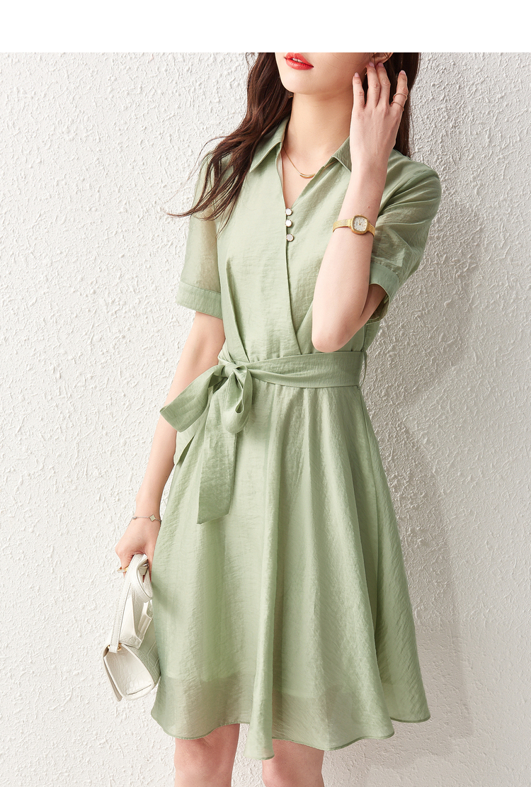 尚都比拉不规则系带豆沙绿收腰衬衫连衣裙 碧玉色 m