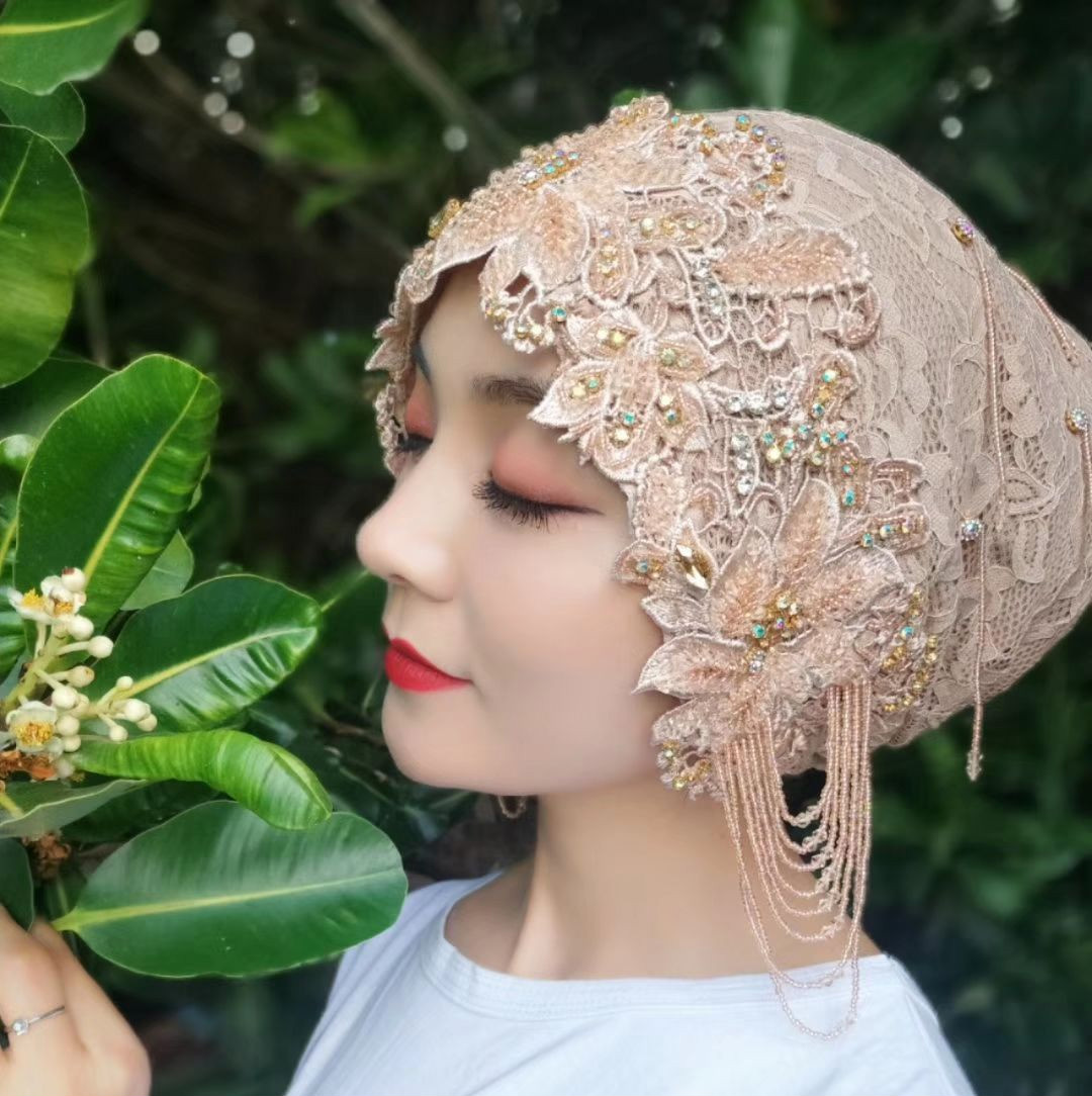 盖头头巾新款头巾卡俪思特蕾丝小帽盖头夏纱巾回族帽子女头套紫色帽子