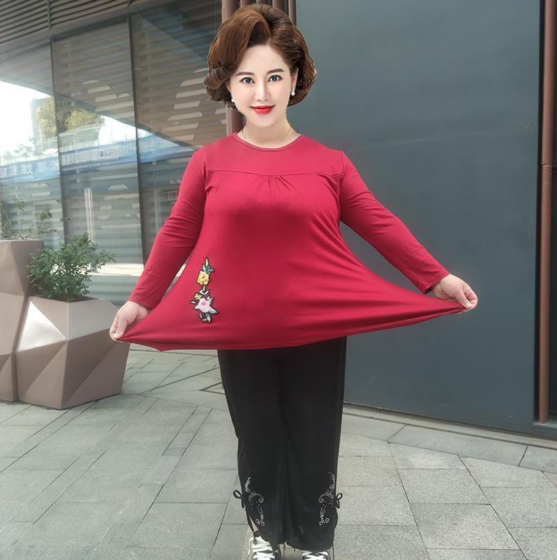 特体180斤胖妈妈胖妈妈春装打底衫长袖t恤加肥加大码老人衣服中年妇女