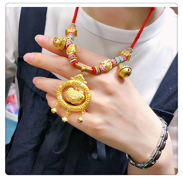 老凤凰宝宝平安锁黄金长命锁吊坠挂绳红绳编织项链999足金铃铛传承古