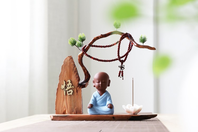 卡汐沐创意中式紫砂小和尚茶宠摆件禅意风化木办公室茶室工艺品家居