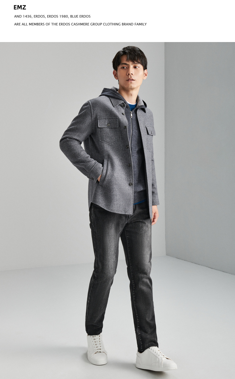 鄂尔多斯emz2021新品秋冬格纹便装外套男士羊毛休闲翻领夹克中灰52180