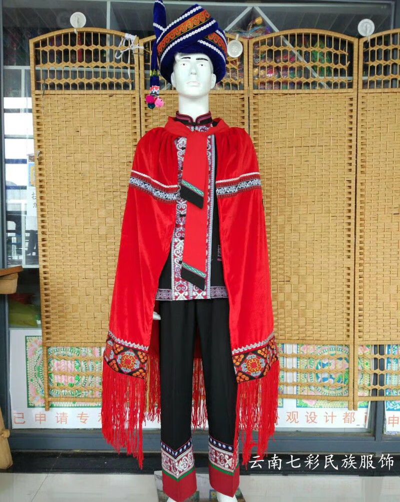 新款彝族披风 成人男款红肩长斗篷 彝族火把节服饰 彝族舞蹈服装 红肩