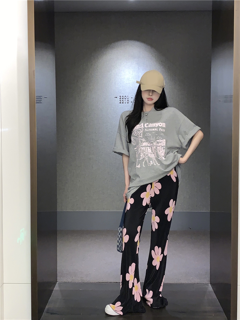 印花中长款短袖t恤仙气压折花朵拖地裤休闲裤套装女太阳花裤子均码