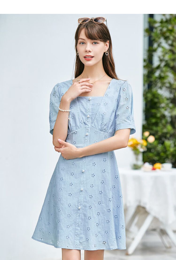 betu百图女装2022夏季新款连衣裙方领纯棉裙子夏天花朵镂空气质连衣裙