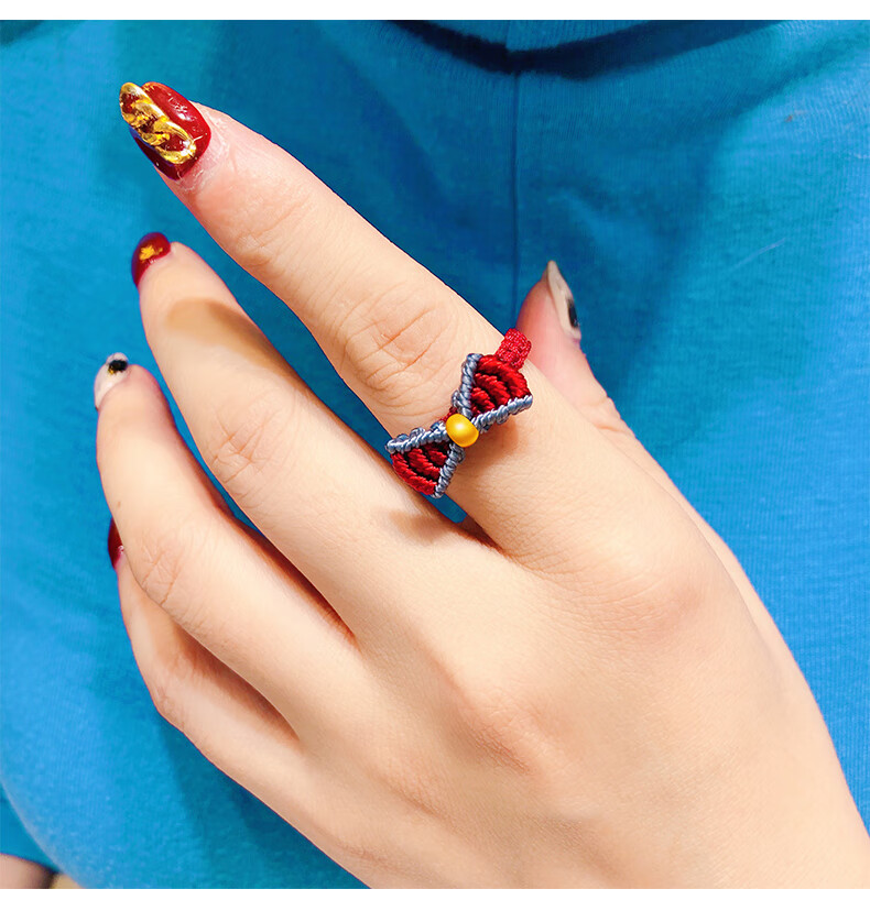 999足金在逃公主编织戒指女蝴蝶结黄金戒指小金珠转运珠红绳 蝴蝶结