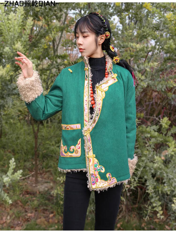 照乾藏族服装冬季冬天穿的藏式外套女西藏袍绣花长绒保暖藏装上衣拉萨