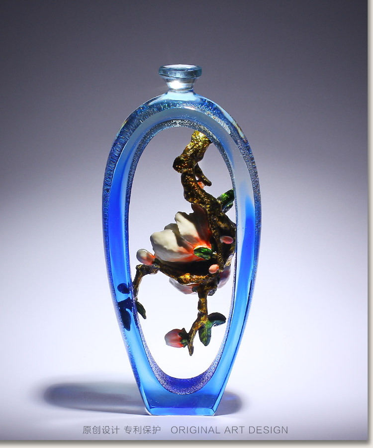 琉璃艺术品玉兰花瓶摆件珐琅彩水晶工艺品客厅玄关柜台装饰中国风