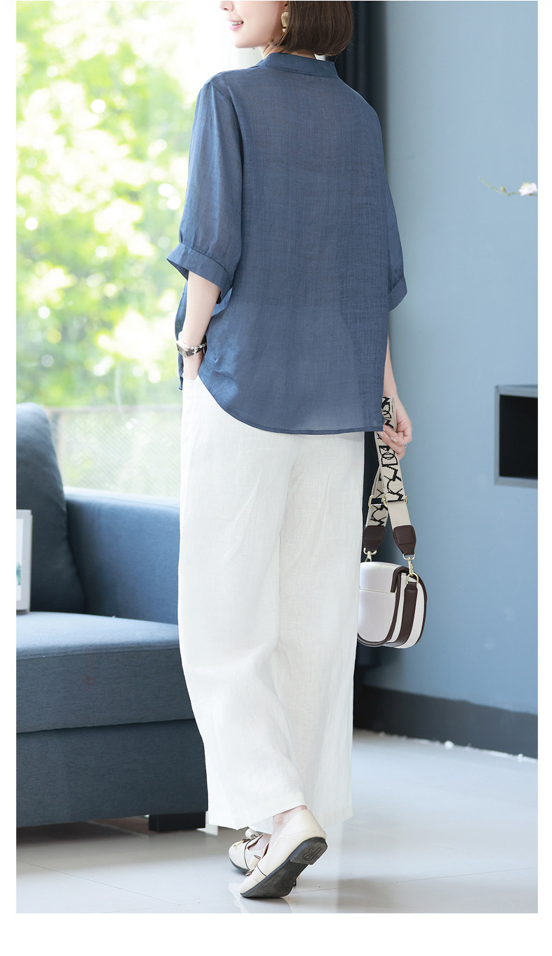 2022年夏季新款妈妈v领刺绣短袖衬衫休闲阔腿裤两件套2700t蓝色白色m