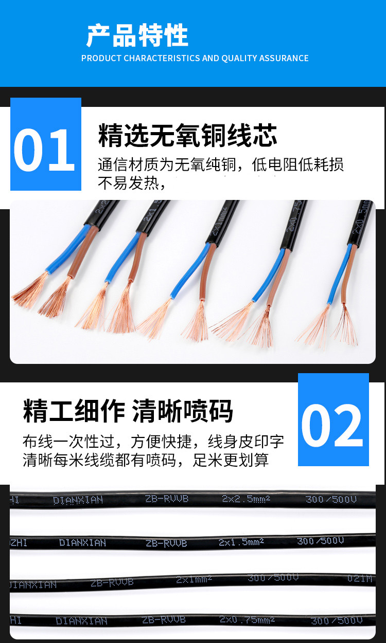 5平方护套线铜芯白色黑色电线电缆电源线 白色rvvb 2芯1.
