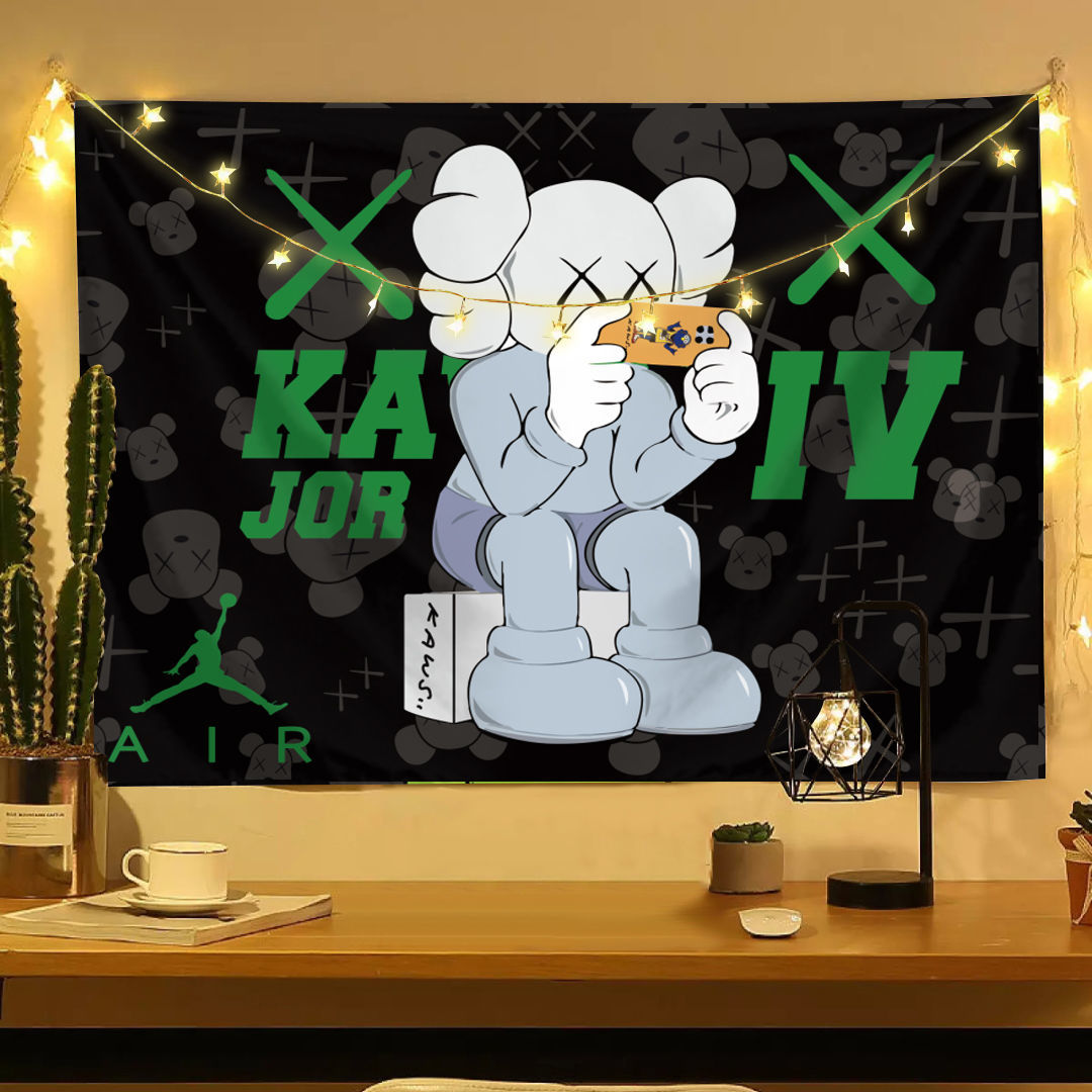 新款芝麻街kaws挂布潮牌网红卧室背景布床头布置宿舍改造挂毯黑底大头
