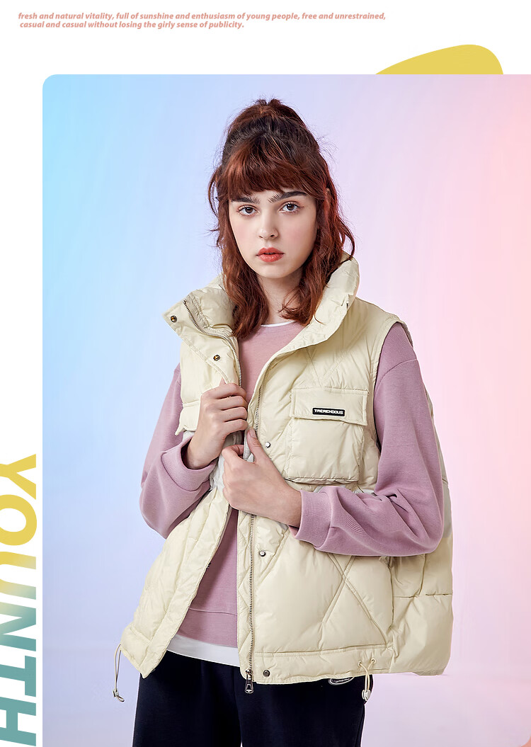 三福冬季女少女百搭双口袋设计马夹时尚立领上衣女444341 杏色 155