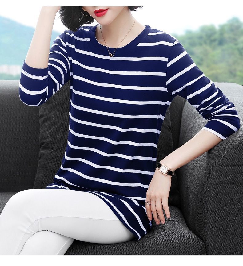 新款长袖条纹t恤女宽松显瘦中年中长款女士上衣女打底衫sn2168 黑色