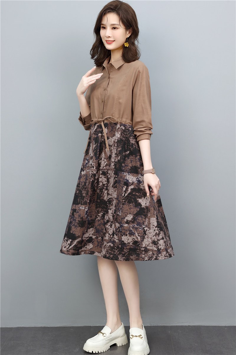 素素轻奢女装22夏宽松休闲棉麻衬衫拼接气质印花连衣裙女女装 藏青色