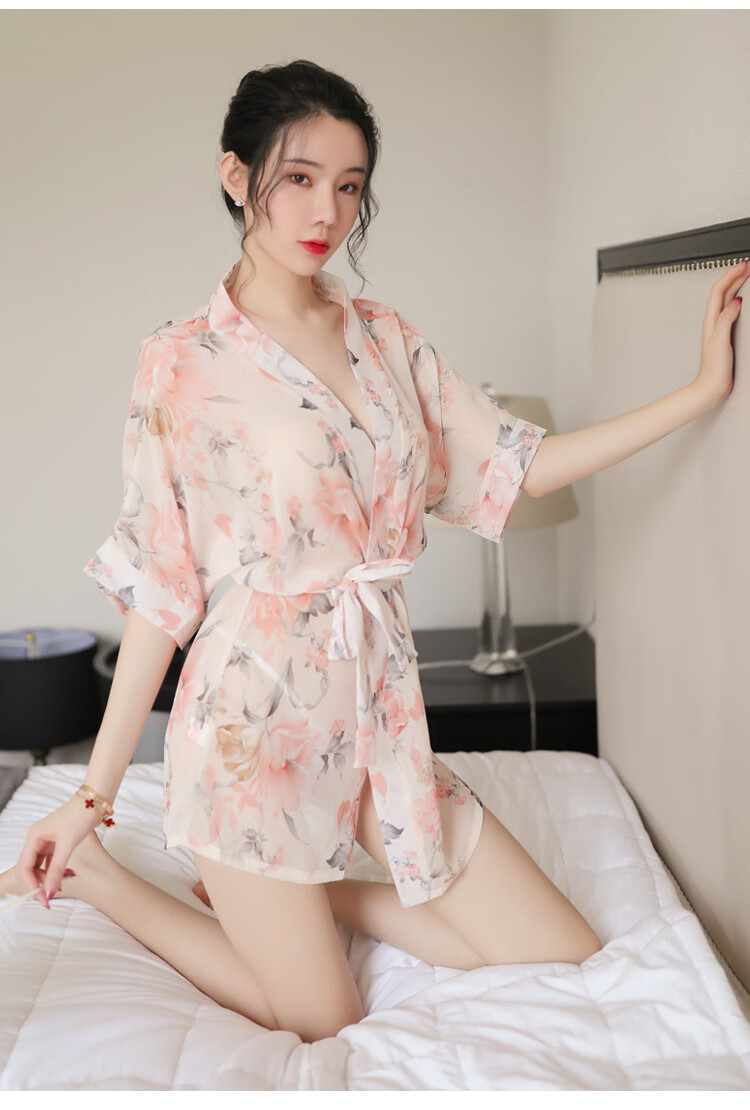 日式浴衣性感 诱惑欧美睡衣女夏家居服透视浴袍一件 樱粉色外套 腰带
