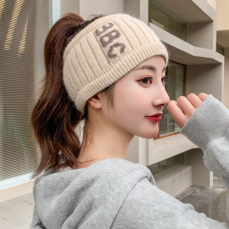 大头围发带帽子女秋冬季针织帽运动户外空顶帽洗脸发带字母黑色大头围