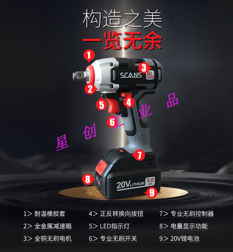 s880锂电池20v架子工木工汽车维修无刷冲击板手电动工具 朝能扳手标配