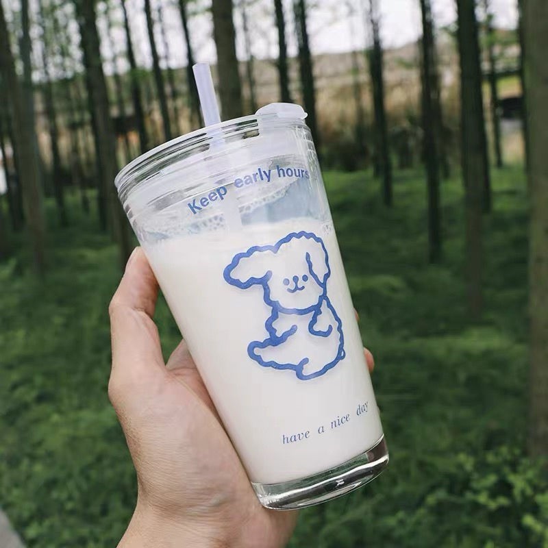 带盖吸管杯可爱卡通少女心玻璃杯耐热学生刻度牛奶杯 泰迪杯(四件套)
