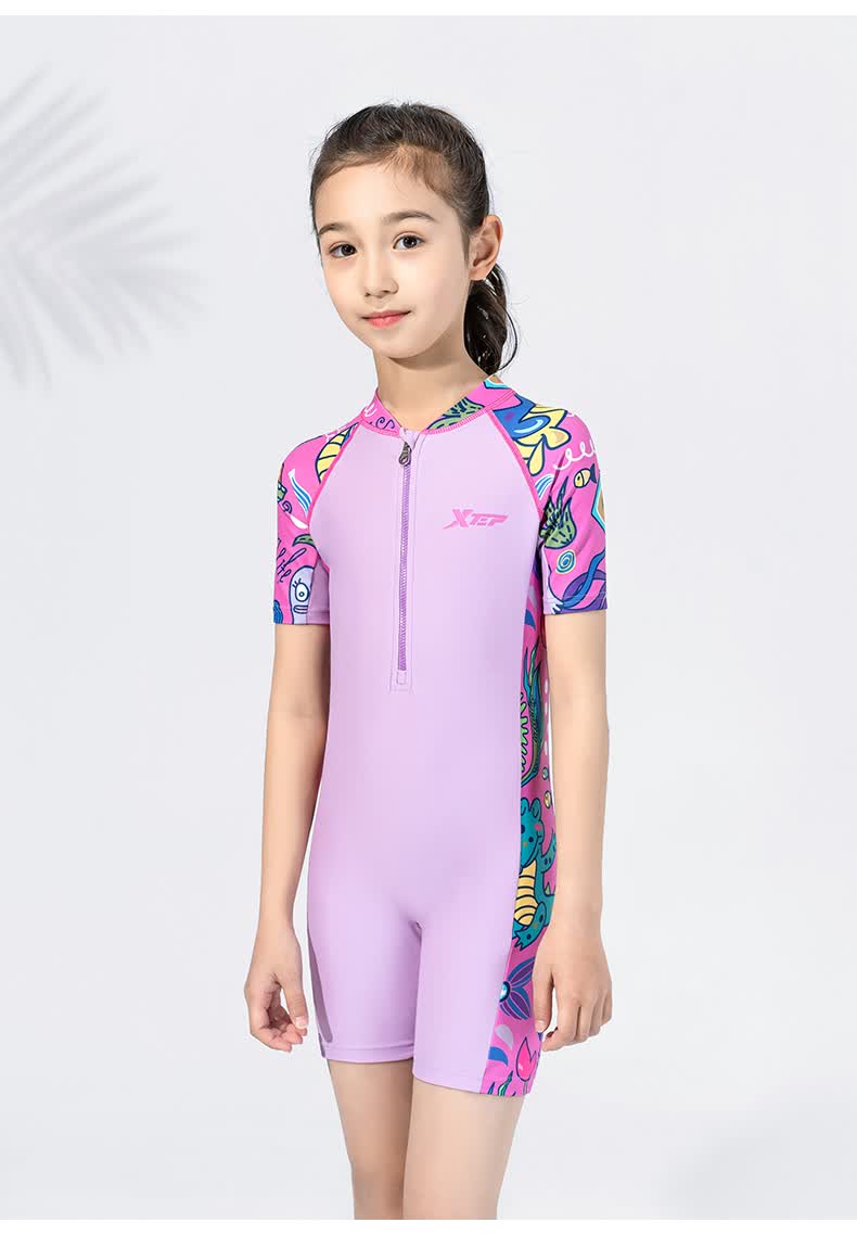 特步儿童泳衣女童中大童2022新款夏季可爱女孩连体防晒泳衣装备粉紫色