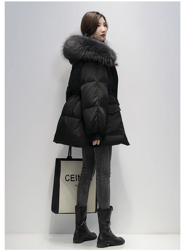 雅v鹿真貉子大毛领白鸭绒羽绒服女中长款小矮个子派克时尚收腰 黑色