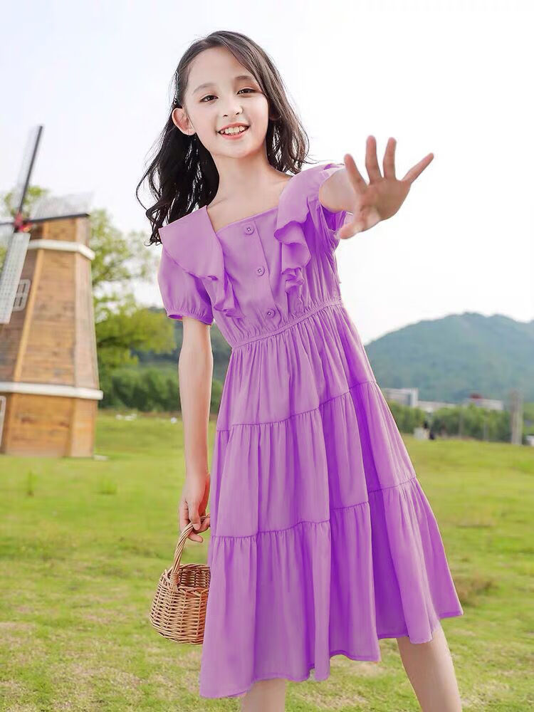 夏季公主裙小女孩雪纺洋气裙子荷叶两边裙紫色160码建议身高150cm左右