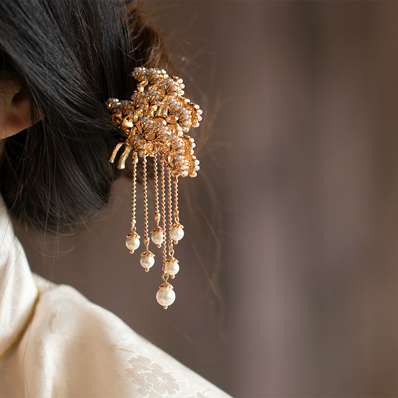 老凤祥同款珍珠古风流苏双面发簪钗明制宋制汉服旗袍盘发头饰配饰sn