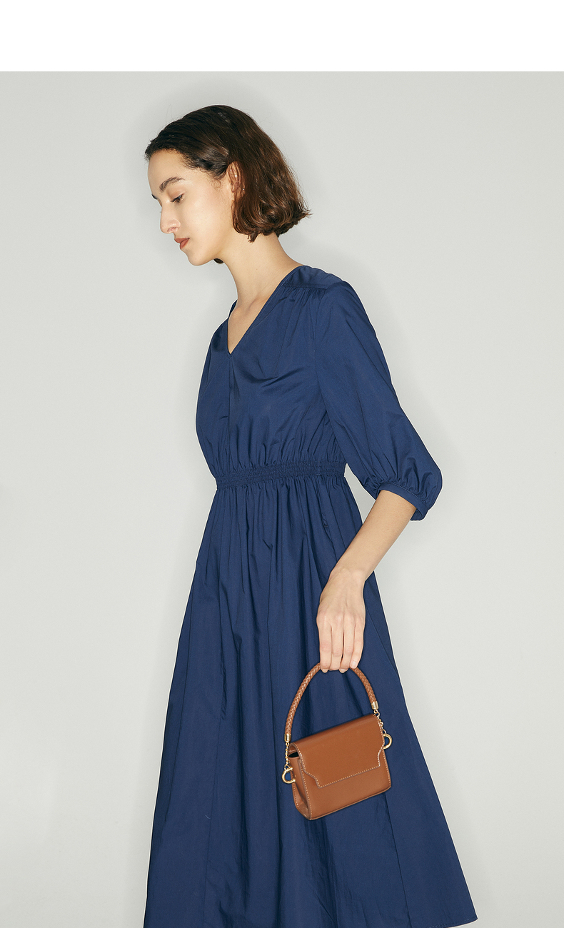 mm麦檬夏季新款裙子女气质v领纯棉舒适收腰显瘦连衣裙5c5293061 深蓝