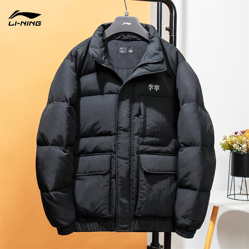 李宁长款羽绒服男外套2022冬季新品鸭绒保暖连帽过膝运动服 标准黑