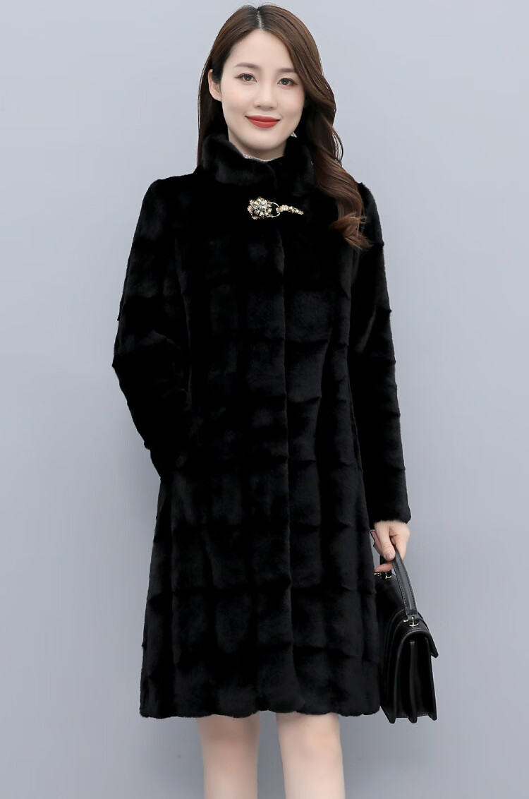 罗蒙(romon) 貂皮大衣女整貂皮毛一体连帽修身中长款小母貂水貂毛裘皮