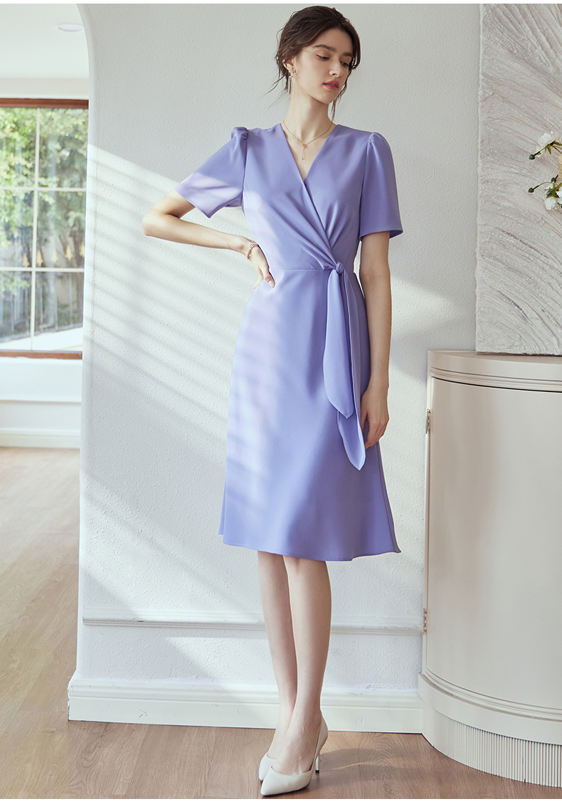 roeyshouse罗衣气质蓝紫色连衣裙女2022夏装新款拼接系带泡泡袖大摆裙